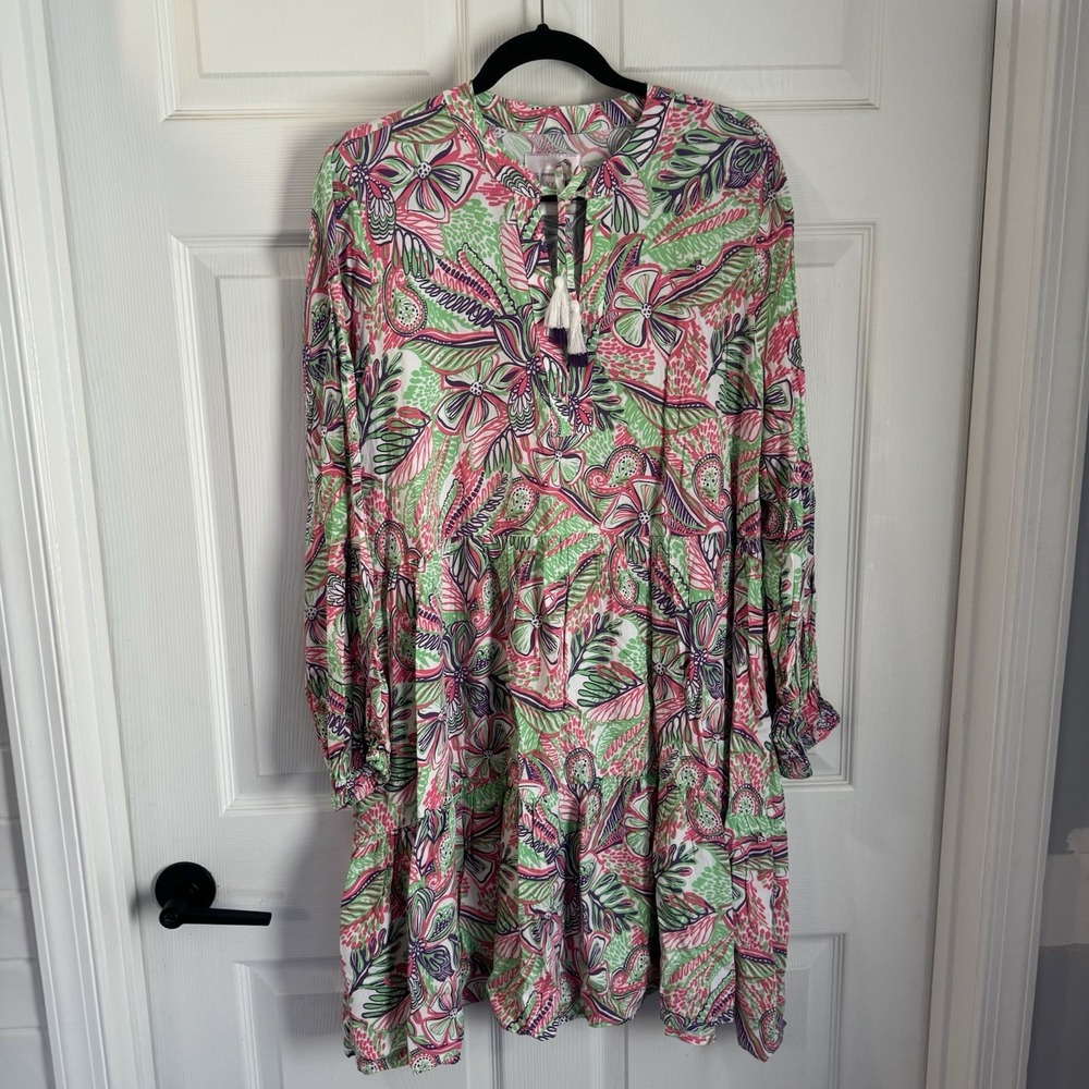 Stella Parker Tropical Print Dress Women's Sz 2X Tassel Tie At Neck Resort Wear
